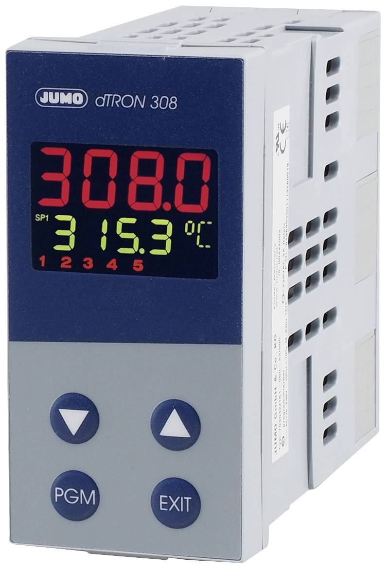 Temperatuurregelaar met rode display '308,0', groene display '315,3 °C', blauwe toetsen 'PGM' en 'EXIT', geschikt voor procesbesturing.