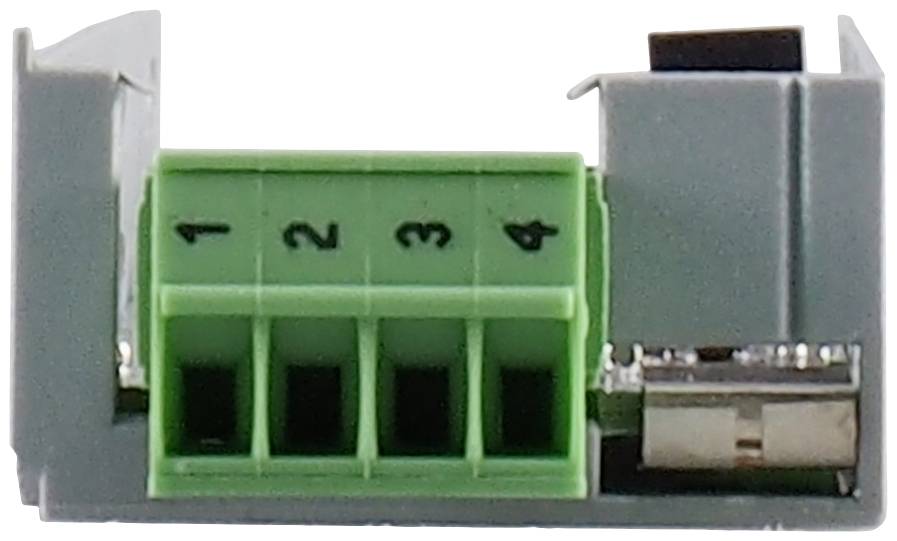 Een grijs printplaat met een groene, van 1 tot 4 genummerde connector. Rechts een kleine, zilveren metalen schakelaar.