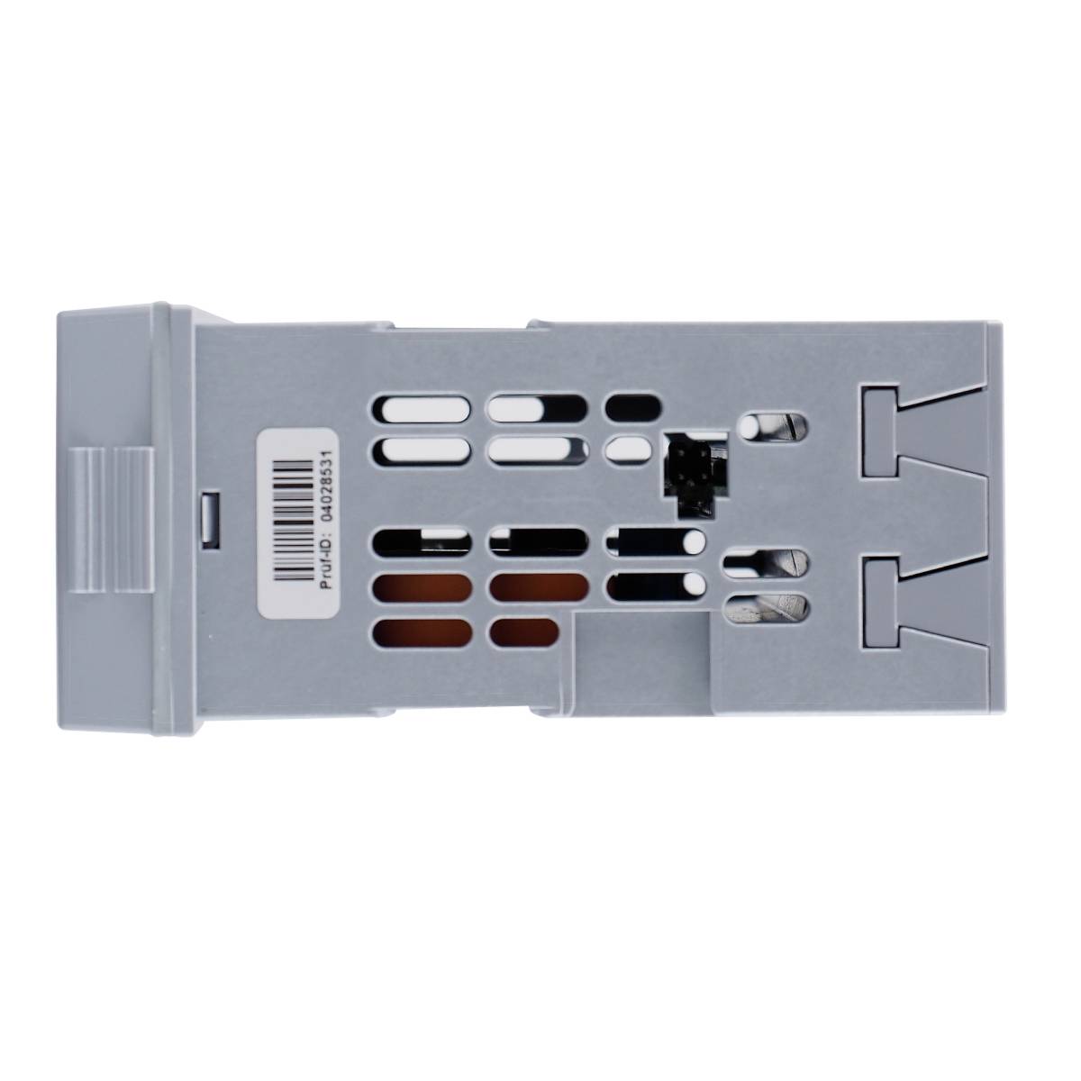 Een grijze elektronische component met ventilatiesleuven en een barcodestreepjesetiket. Het lijkt een technisch apparaat te zijn.