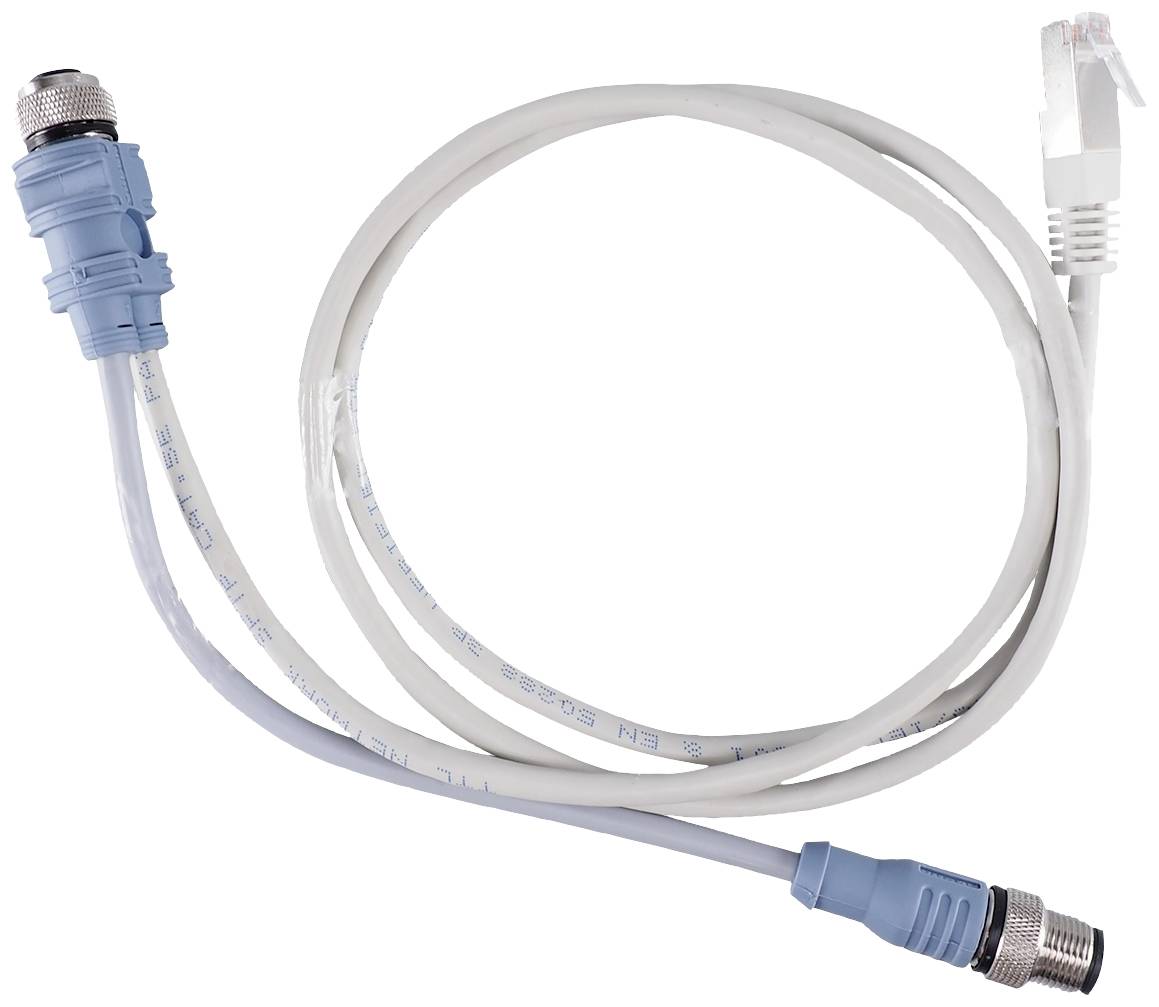 Een wit Ethernet-kabel met RJ45-connector en blauwe snelsluitadapter, voorkomt binnendringen van water en stof.