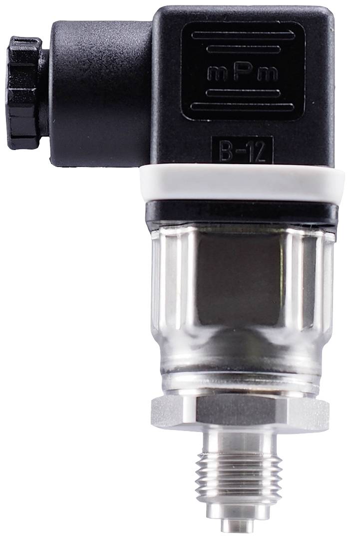 Een druktransmitter met een zwart, rechthoekig bovenbehuizing en een metalen ondergedeelte. Wordt gebruikt voor drukmeting in industriële toepassingen.