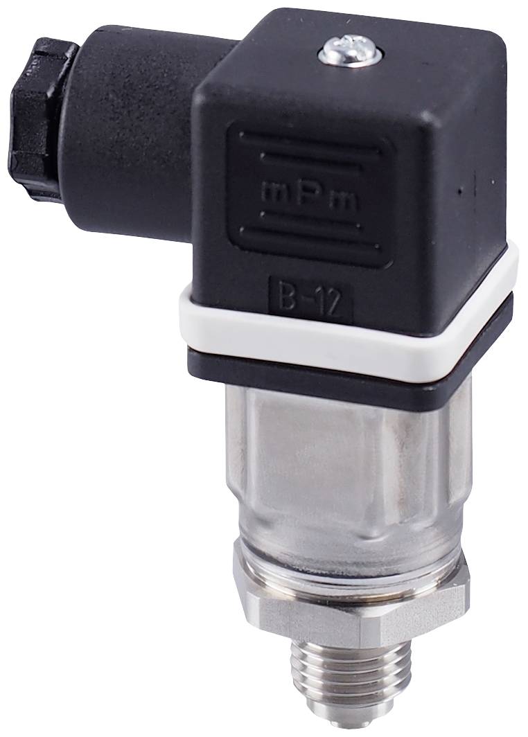 Een druksensor met een zwarte kunststof behuizing en metalen schroefdraad, geschikt voor het meten van systeemdruk in verschillende toepassingen.