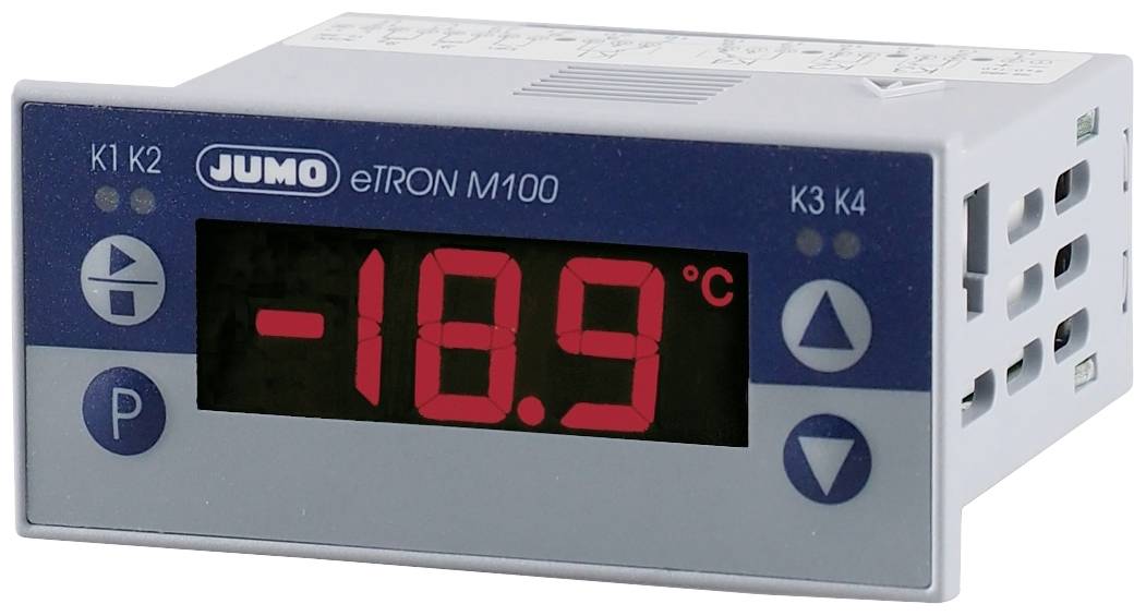 Digitaal temperatuurweergaveapparaat toont '-18,9 °C'. Merknaam 'JUMO eTRON M100' bovenaan. Bedieningsknoppen links en rechts van het display.