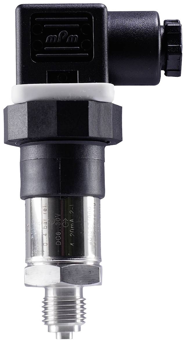 Druksensor met zwarte behuizing en zilveren aansluiting, geschikt voor industriële toepassingen voor het bewaken van drukwaarden.