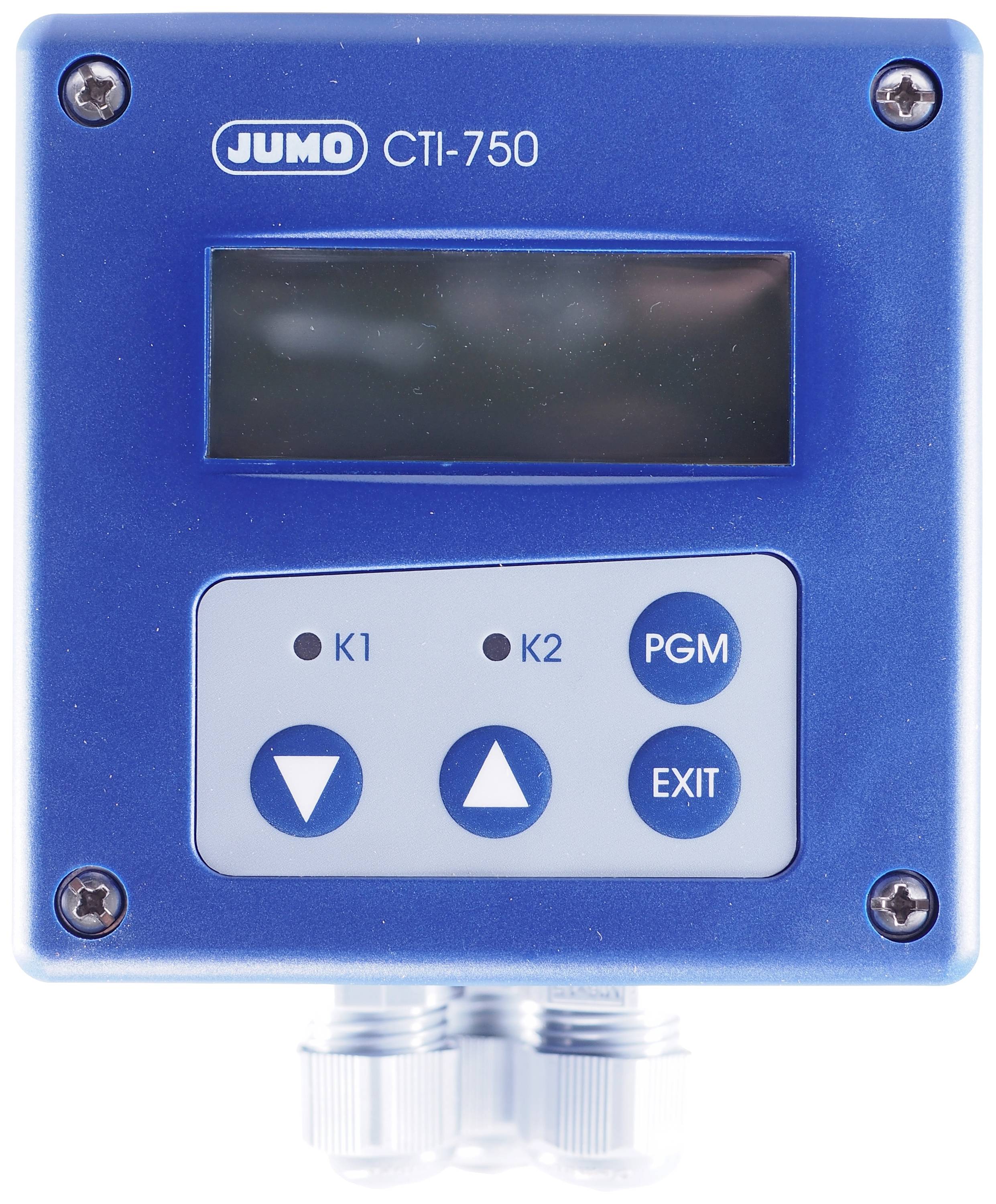 Een blauw elektronisch apparaat met display en vier toetsen, gelabeld 'K1', 'K2', 'PGM', 'EXIT'. Bovenaan staat 'JUMO CTI-750'.