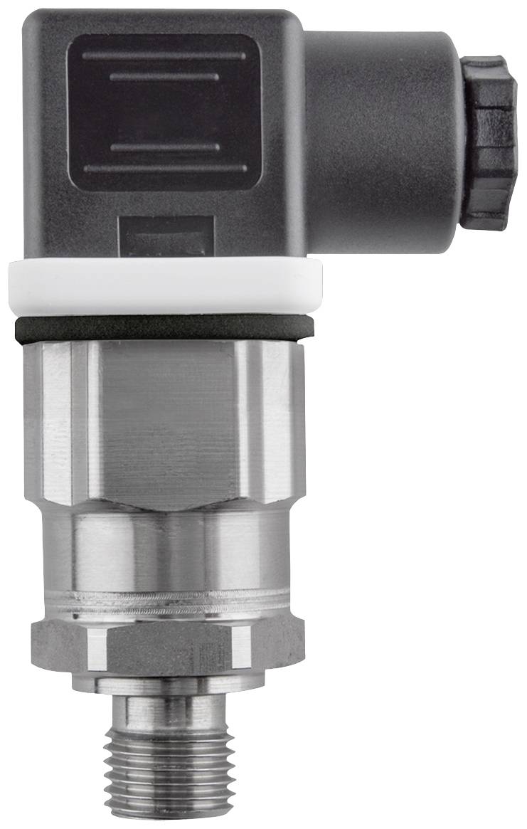 Metaalsensor met zwarte kunststof aansluiting, witte afdichtingsring en schroefdraad onderaan. Gebruikt voor drukmeetapparatuur in industriële toepassingen.