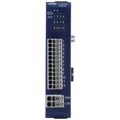 Elektronische module 'Jumo mTRON T', blauwe voorkant met I/O-aansluitingen voor 12 kanalen en controlelampjes.