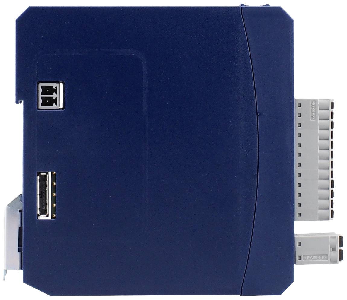 Een blauw elektronisch apparaat met meerdere aansluitingen, waaronder een USB- en een Ethernet-aansluiting aan de linkerkant.
