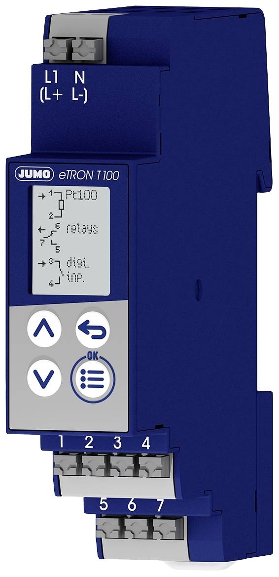 Een blauw JUMO eTRON 100 apparaat met display en bedieningselementen voor temperatuurregeling. Aansluitingen en symbolen zijn zichtbaar.