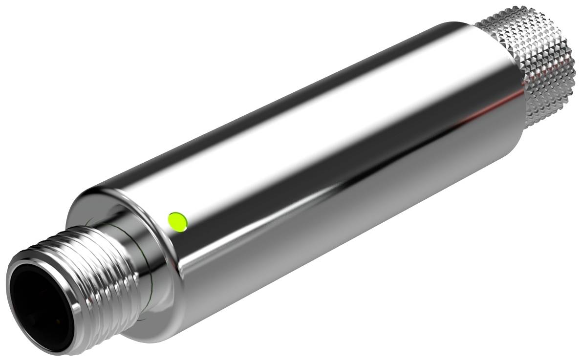 Metalen sensorcilinder met groene LED-indicator die de bedrijfsgereedheid aangeeft.