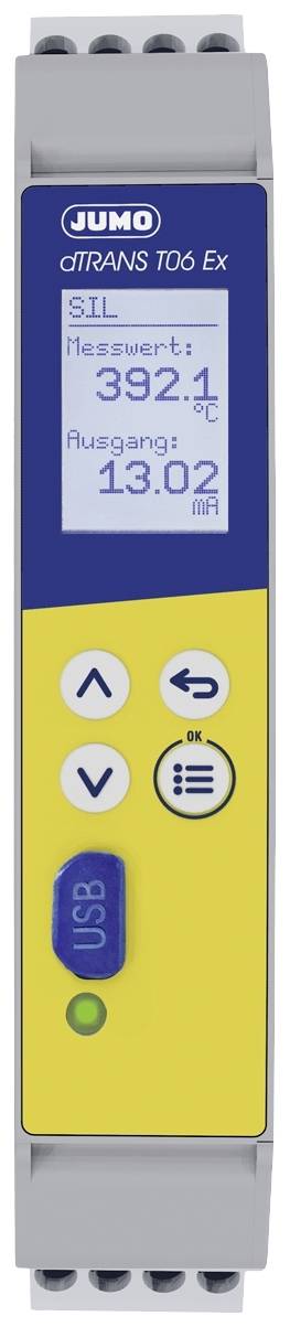 Digitale temperatuurtransmitter met display, toont 'Meetwaarde: 392,1', 'Uitgang: 13,02'. Bedieningstoetsen onder het display.