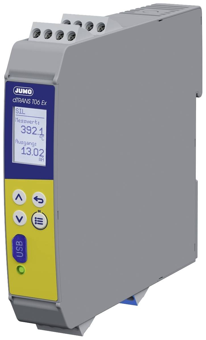 Een grijze JUMO dTRANS T06 Ex apparaat met display. Meetwaarde toont: 392,1, uitgang: 13,02. Navigatietoetsen en USB-aansluiting zichtbaar.