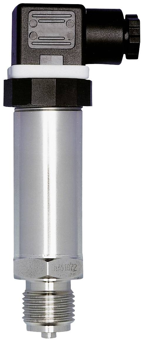 Druksensor met metalen behuizing en zwarte elektrische aansluiting. Gebruikt voor het meten van druk in industriële toepassingen.