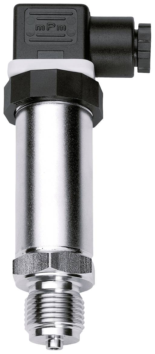 Een cilindrische metalen druksensor met een zwarte kunststof behuizing aan de bovenkant. Gebruikt voor metingen in technische toepassingen.