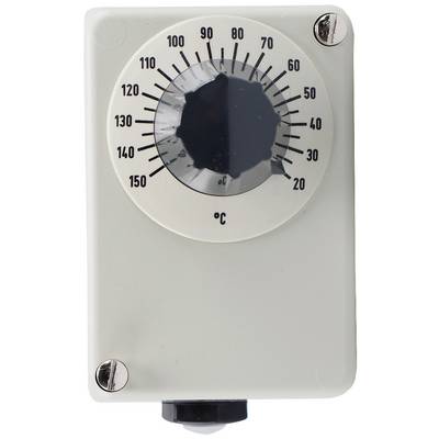 Een elektrische temperatuurregelaar met een schaal van 0°C tot 150°C, waarbij de wijzer op 90°C staat, met een zilverkleurige behuizing en twee bovenste schroeven.