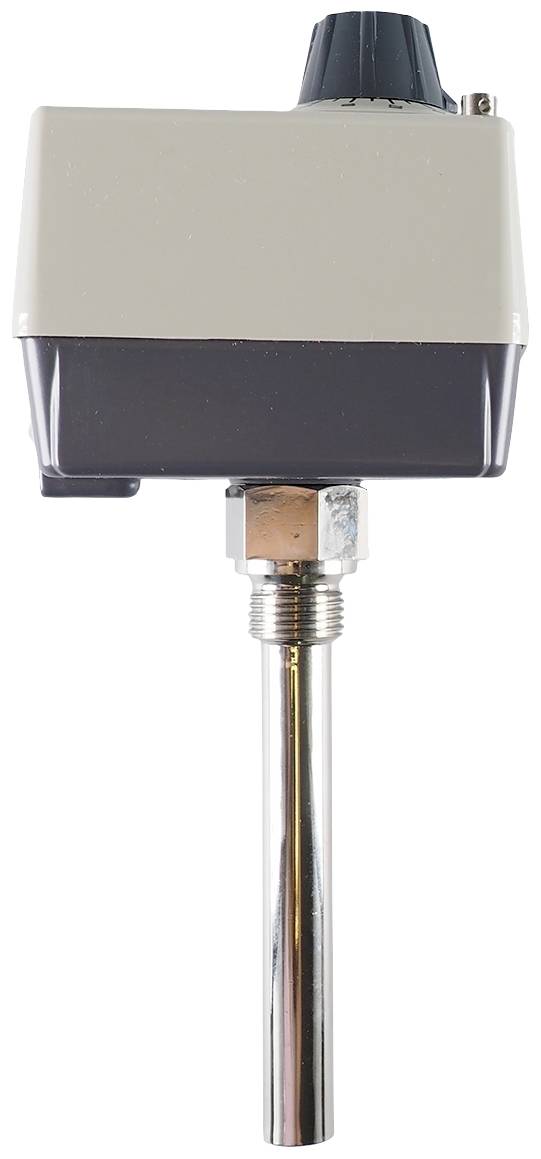 Een temperatuursensor met een metalen staaf en een kunststof behuizing die een instelknop bevat.