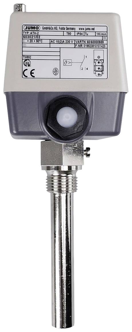 Een elektronische temperatuursensor met een metalen voeler en behuizing met opschrift bovenaan. Gebruikt voor temperatuurmeting.