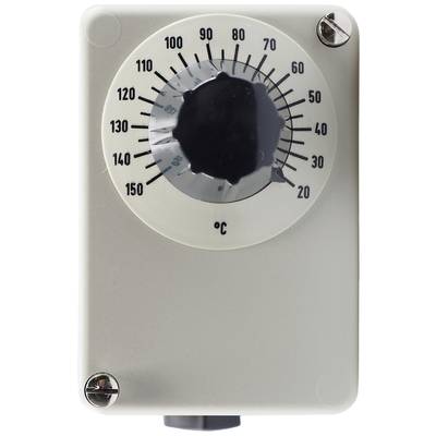 Een analoge thermostaat met een schaal van 0 tot 150 graden Celsius. Markeringen en een draaibare knop voor temperatuurinstelling.