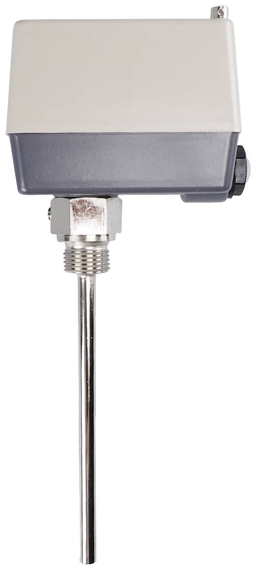 Een staafvormige temperatuursensor met rechthoekige behuizing, L-vormige aansluiting, geschikt voor industriële toepassingen.