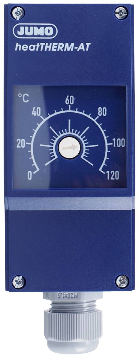 Een blauwe temperatuurregelaar van Jumo, model 'heatTHERM-AT', toont een analoge schaal van 0 tot 120 graden Celsius.