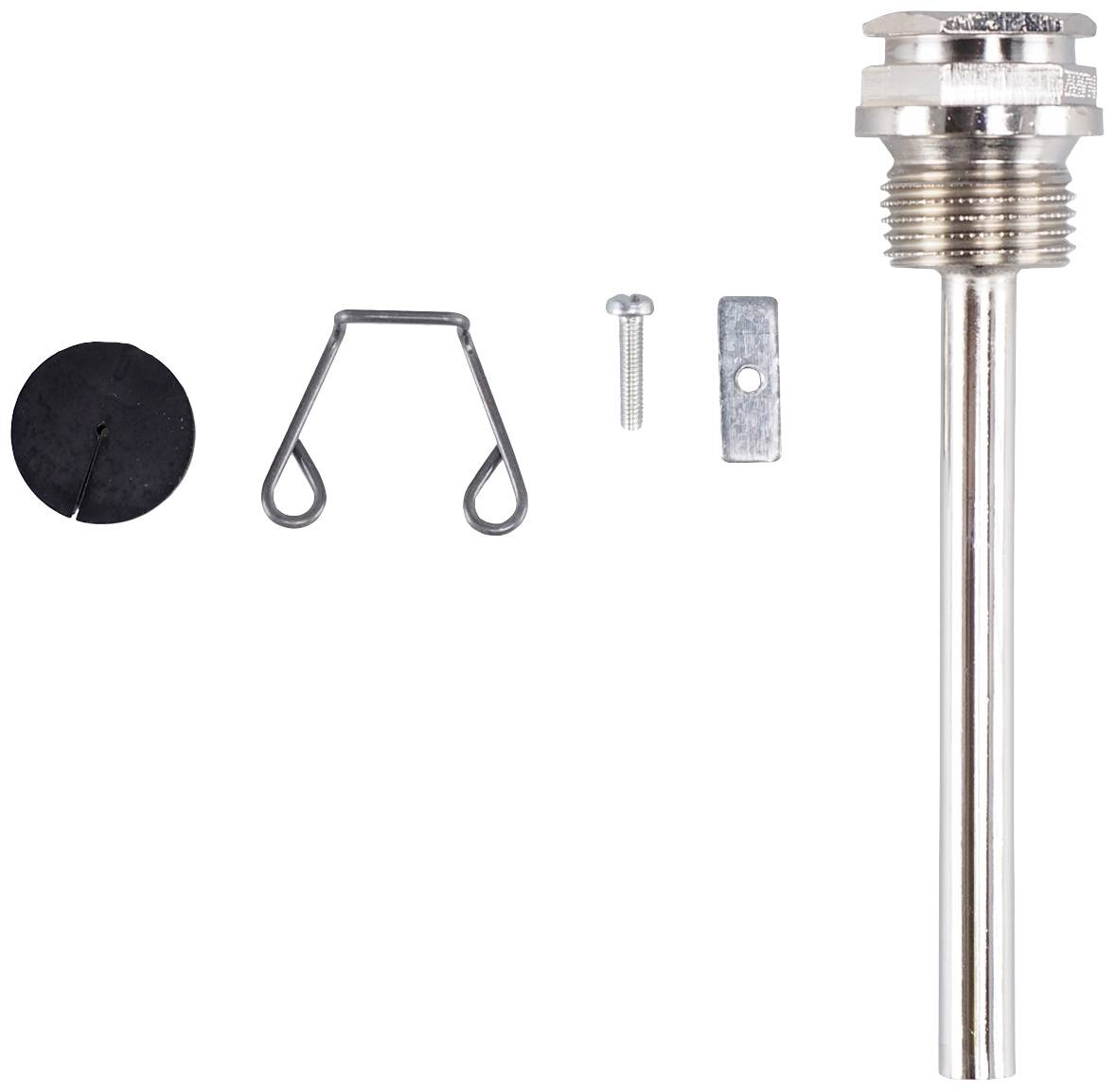 Een set montagedelen voor een thermostaat: metalen buis, klem, afdichting, schroef en bevestiging op een witte achtergrond.