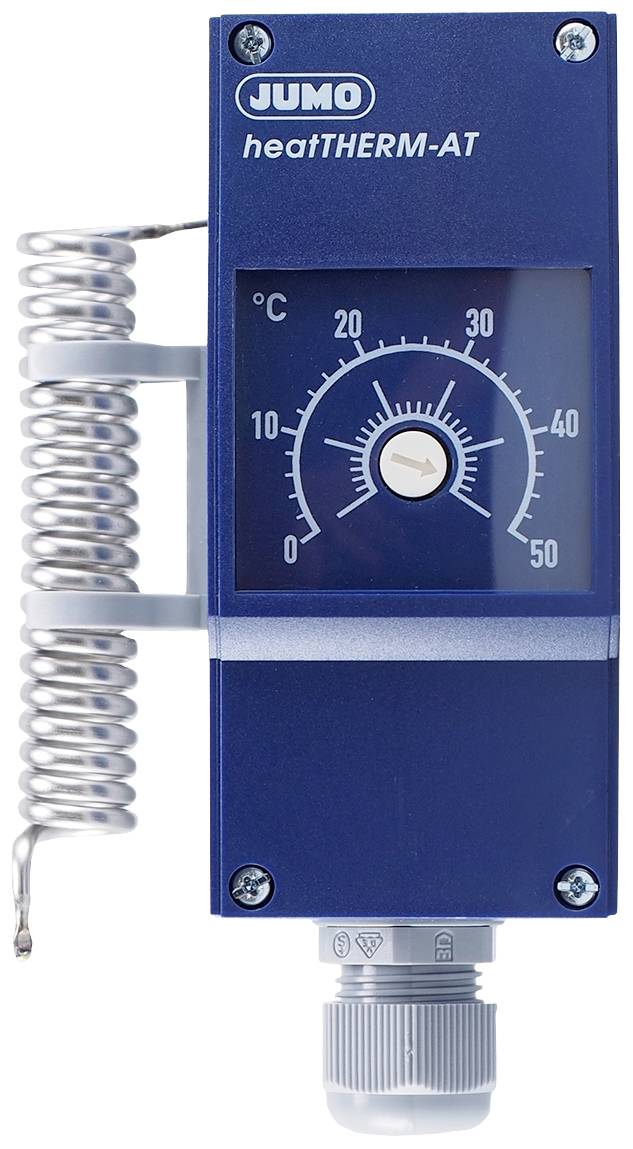 Een blauwe temperatuurregelaar met een schaal van 0 tot 50 graden Celsius en een lange spiraalvormige sonde aan de zijkant. Merk 'JUMO heatTHERM-AT'.