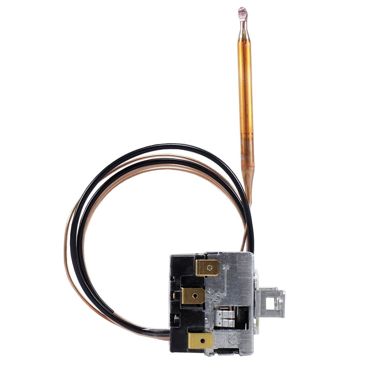 Elektronische thermostaat met kabel en temperatuursensor. Voornamelijk gebruikt in verwarmings- en koelsystemen voor temperatuurregeling.