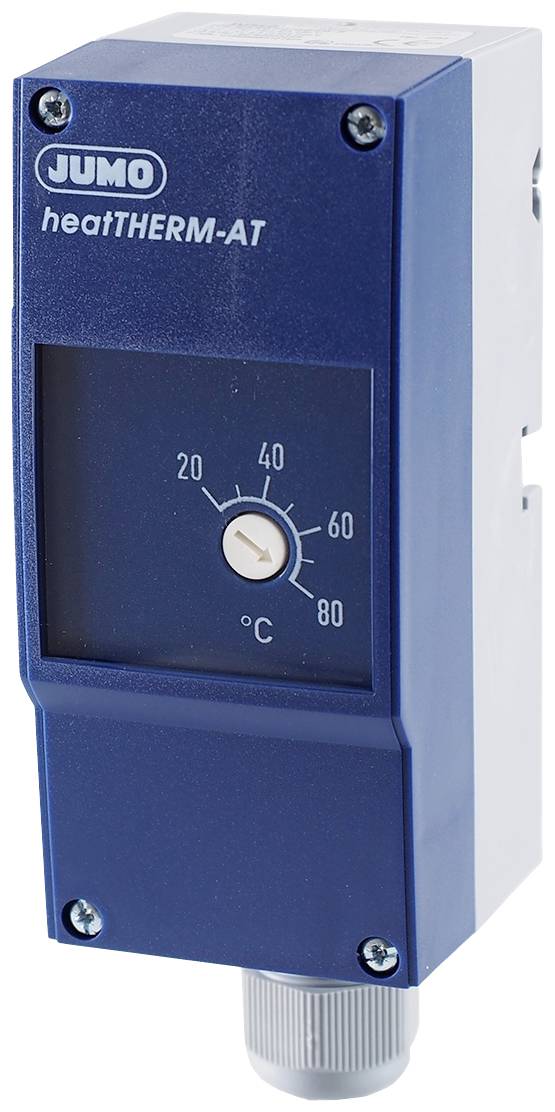 Een blauwe thermostaat met het opschrift 'JUMO heatTHERM-AT', toont een temperatuurschaal van 0 tot 80 °C.