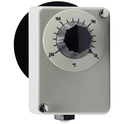 Een analoge temperatuurregelaar met een draaiknop die loopt van 0 tot 200 graden Celsius. De knop is ingesteld op ongeveer 130 graden.