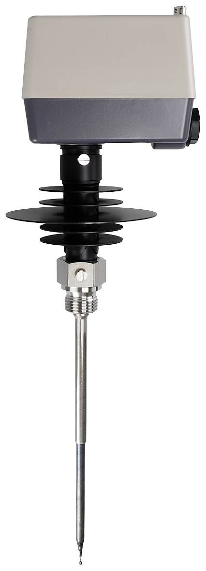 Een temperatuursensor met een lange metalen sonde en een rechthoekige behuizing. Hij wordt gebruikt voor metingen in industriële toepassingen.