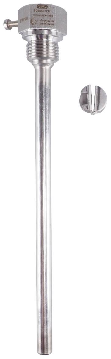 Een metalen dompelbuis met schroefdraad en schroefafsluiting, gebruikt als beschermingsvoorziening voor sensoren of thermokoppels in toepassingen.