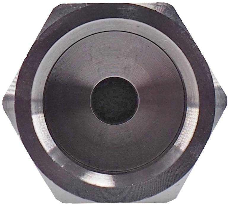 Bovenaanzicht van een zeshoekige metalen moer met een rond binnenwerk, gebruikt voor bevestigingen.
