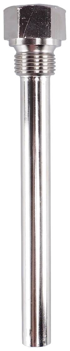 Zilveren metalen holle sonde met rechte, cilindrische schacht en zeskoppige kop, kenmerkend voor temperatuurmetingen.