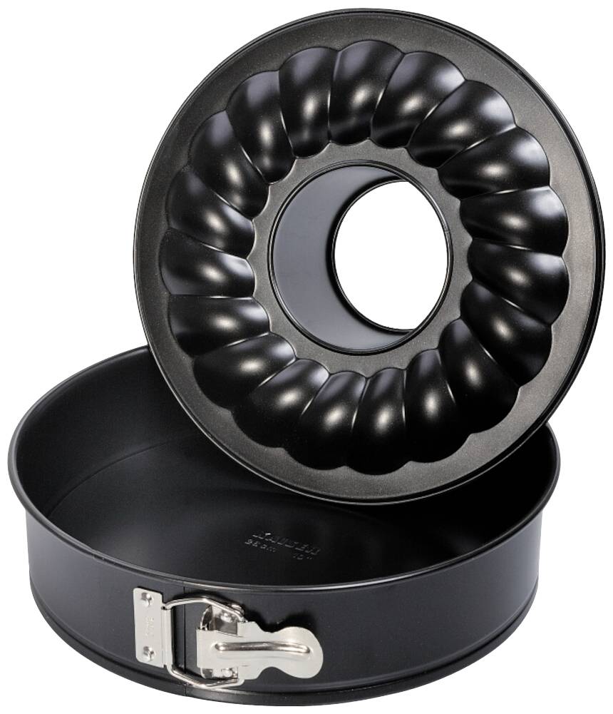 Een zwarte springvorm met verwijderbare bodem voor het bakken van taarten. De bodem heeft een golvende vorm, ideaal voor tulband.