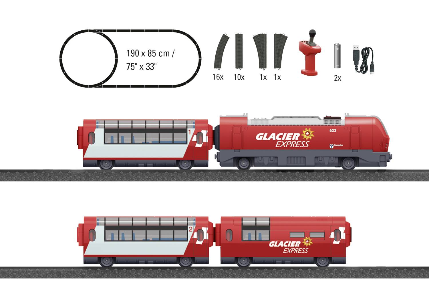 Rood treinbaan-set 'Glacier Express' met rails, besturing en toebehoren. Twee wagons op een spoor. Afmeting 190 x 85 cm.