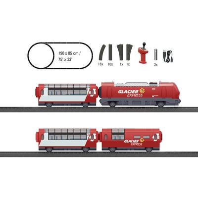 Rood treinbaan-set 'Glacier Express' met rails, besturing en toebehoren. Twee wagons op een spoor. Afmeting 190 x 85 cm.