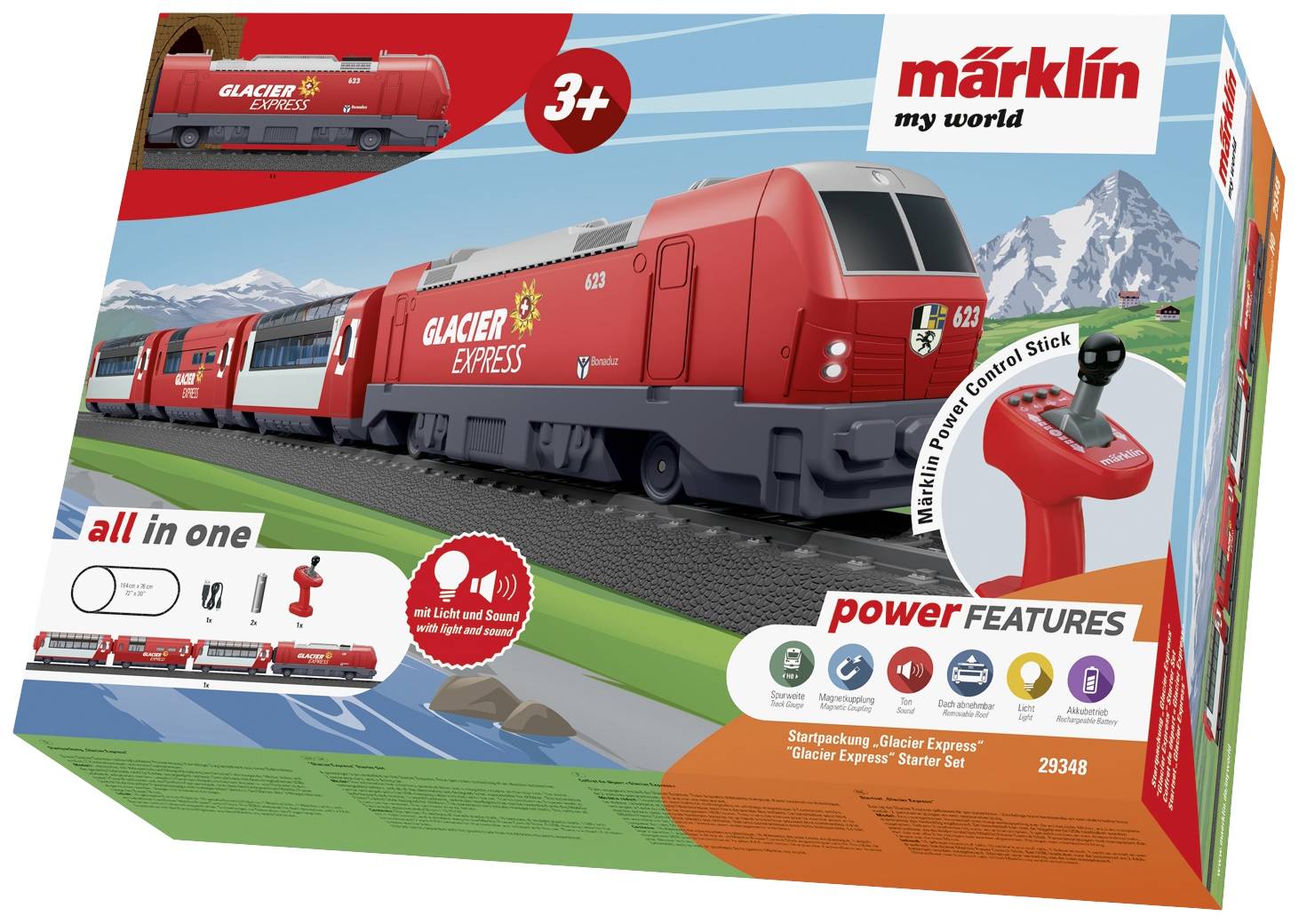 Speelgoedtreinset 'Glacier Express' van Märklin, geschikt voor kinderen vanaf 3 jaar. Bevat rode trein met afstandsbediening en rails.