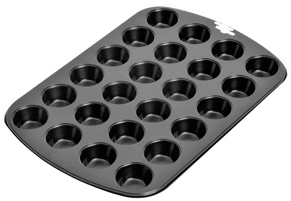 Muffinvorm met ruimte voor 24 muffins, gemaakt van donker metaal. Ideaal voor het gelijkmatig bakken van grote hoeveelheden.