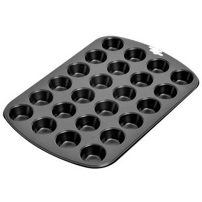 Muffinvorm met ruimte voor 24 muffins, gemaakt van donker metaal. Ideaal voor het gelijkmatig bakken van grote hoeveelheden.