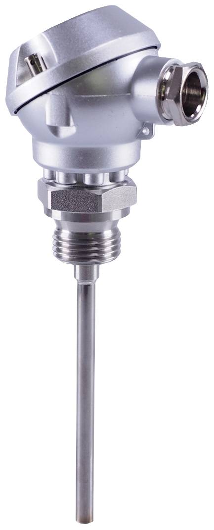 Een industriële temperatuursensor van metaal met beschermbehuizing en schroefdraad voor bevestiging. Ideaal voor nauwkeurige temperatuurmetingen.