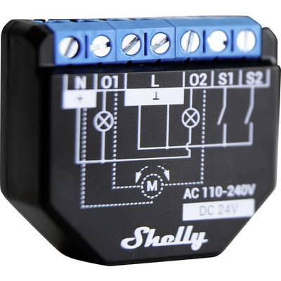 Een zwart elektronisch apparaat met een blauwe aansluitbalk, voorzien van aansluitingen 'N', 'O1', 'L', 'O2', 'S1', 'S2' en 'AC 110-240V'.