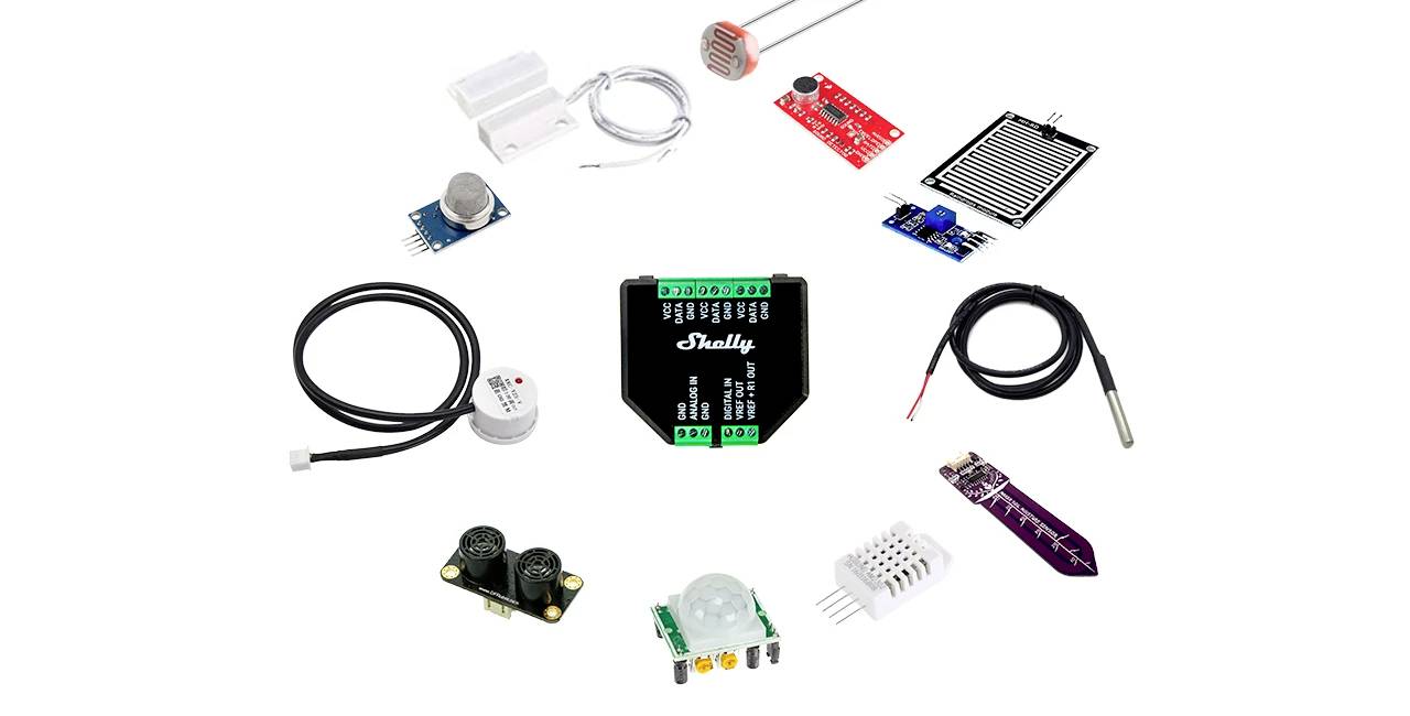 Verschillende elektronische sensoren en modules, gerangschikt in een cirkel rond een centrale controller.