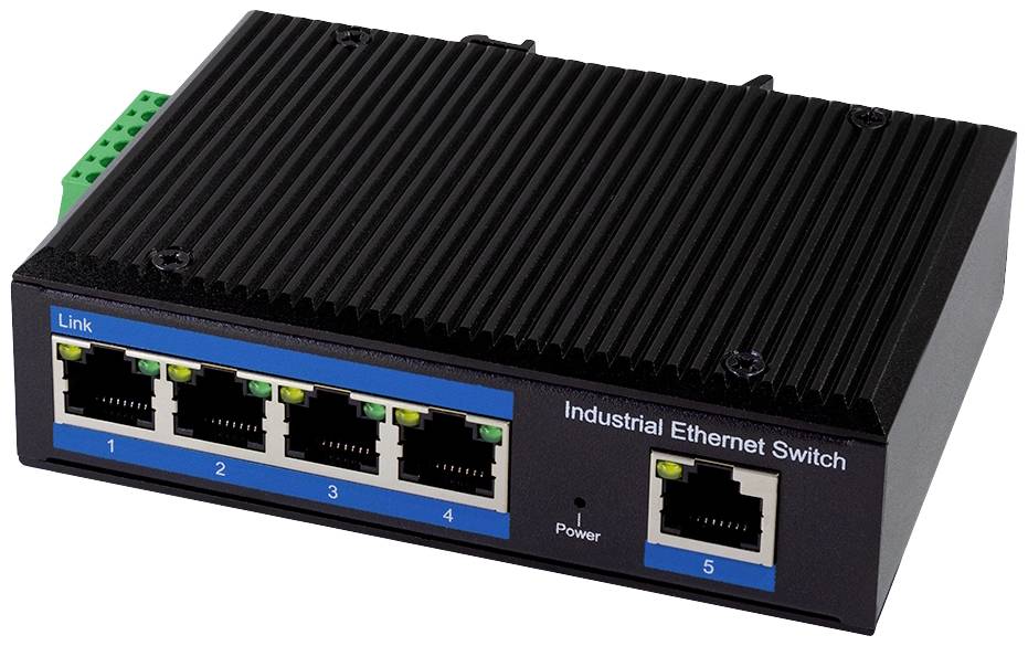 Industriële Ethernet-switch met vijf LAN-poorten en stroomstatusindicator, geschikt voor netwerkverbindingen in industriële omgevingen.