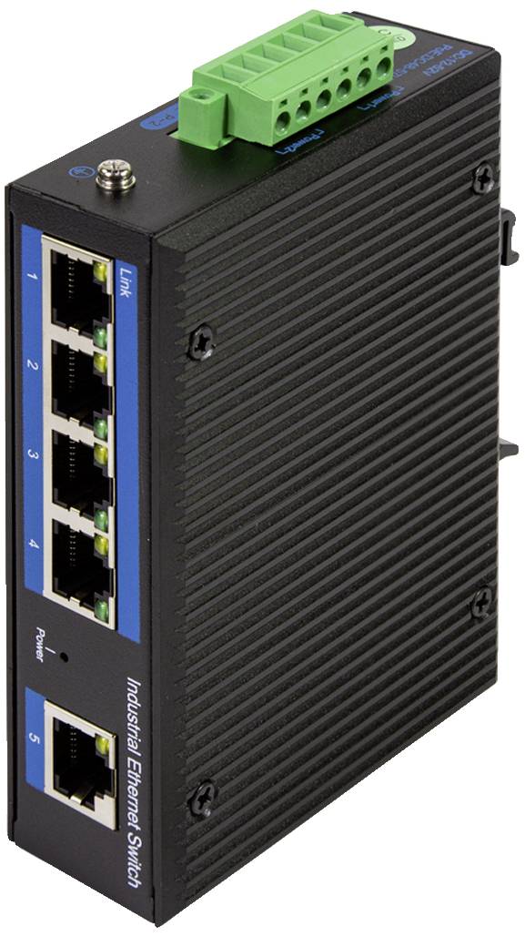 Een industriële Ethernet-switch met vijf RJ45-poorten en een groene connector aan de bovenkant, voor betrouwbare netwerkverbindingen.