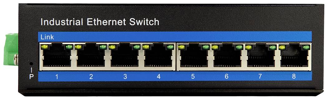 Industriële Ethernet-switch met acht genummerde poorten, aangeduid door groene LED's. Tekst 'Industrial Ethernet Switch'.