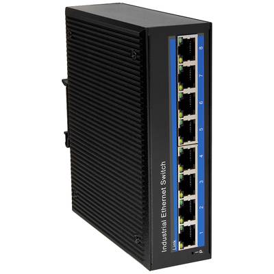 Industriële Ethernet-switch met 8 netwerkpoorten, geschikt voor robuuste omgevingen.