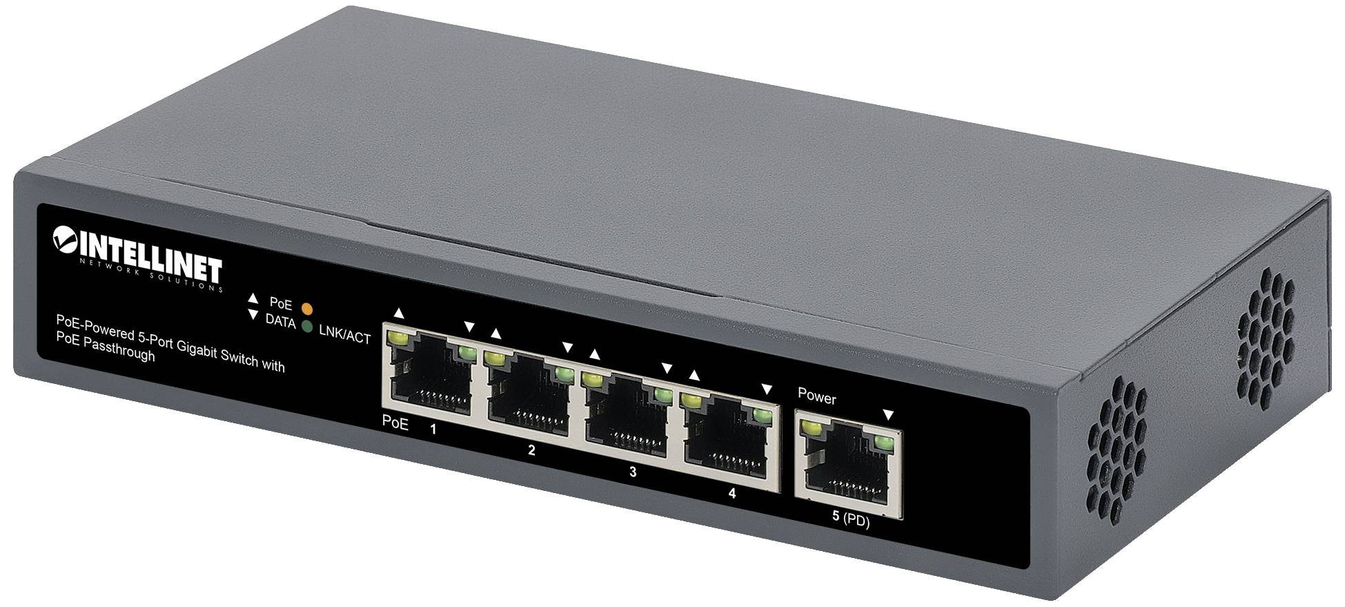 Een zwarte 5-poorts Gigabit-switch van Intellinet met PoE-technologie en LED-indicatoren voor stroom en gegevensverbinding.