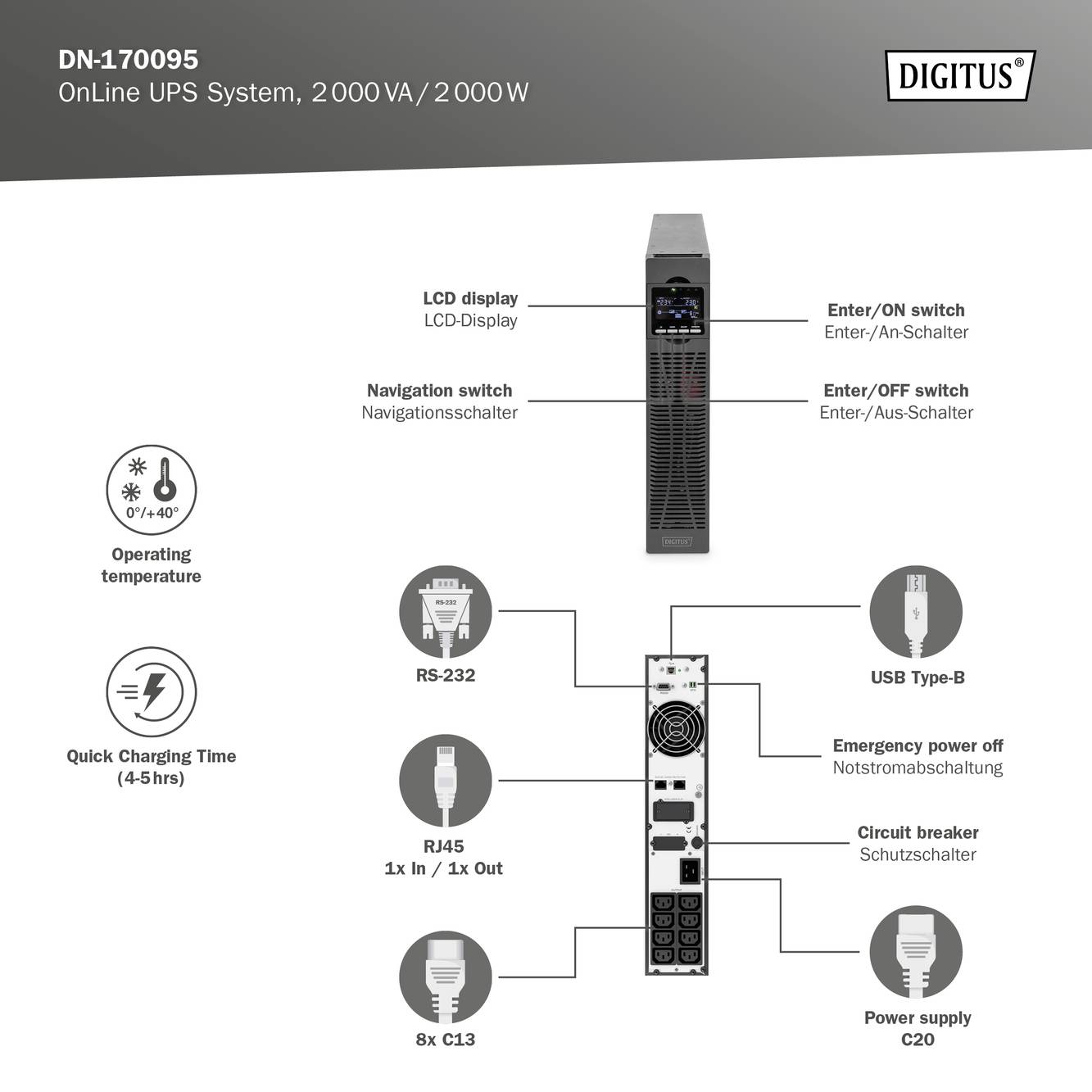 'Digitus' Online-UPS-systeem DN-170095, 2000VA/2000W, toont voor- en achteraanzicht met functies: LCD-display, schakelaars, poorten en bedrijfstemperatuur.