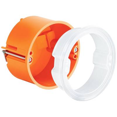 Oranje, holle inbouwdoos van kunststof met een transparante ring. Bestemd voor inbouw in scheidingswanden.