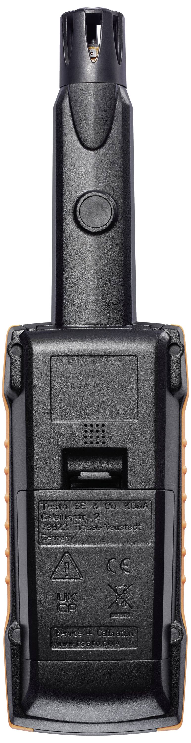 Een meetinstrument met ingebouwde sensor en knop, geschikt voor temperatuur- en luchtvochtigheidsmetingen, verticaal weergegeven.